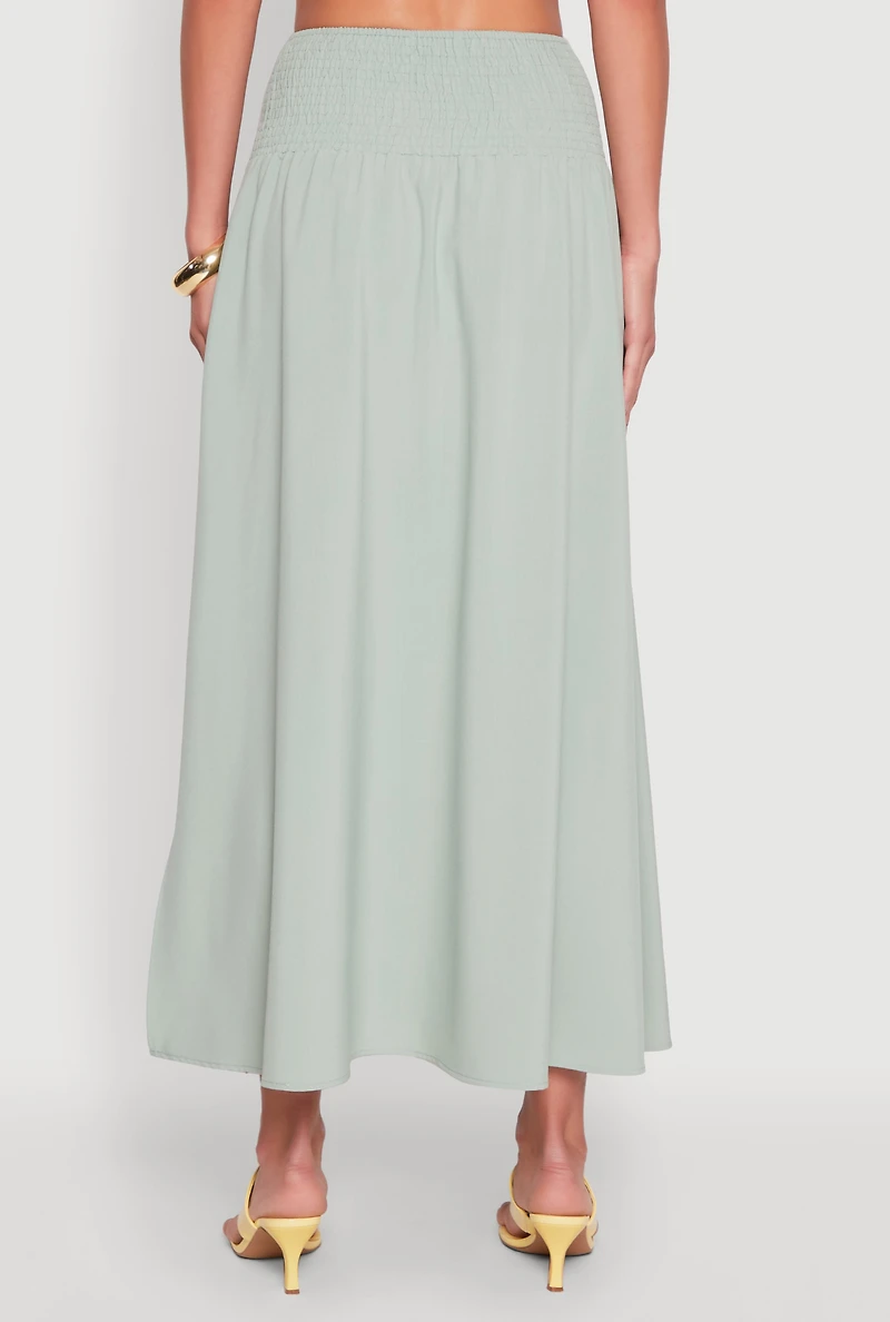 Womens Smocked High Waist Side Slit Skirt, L