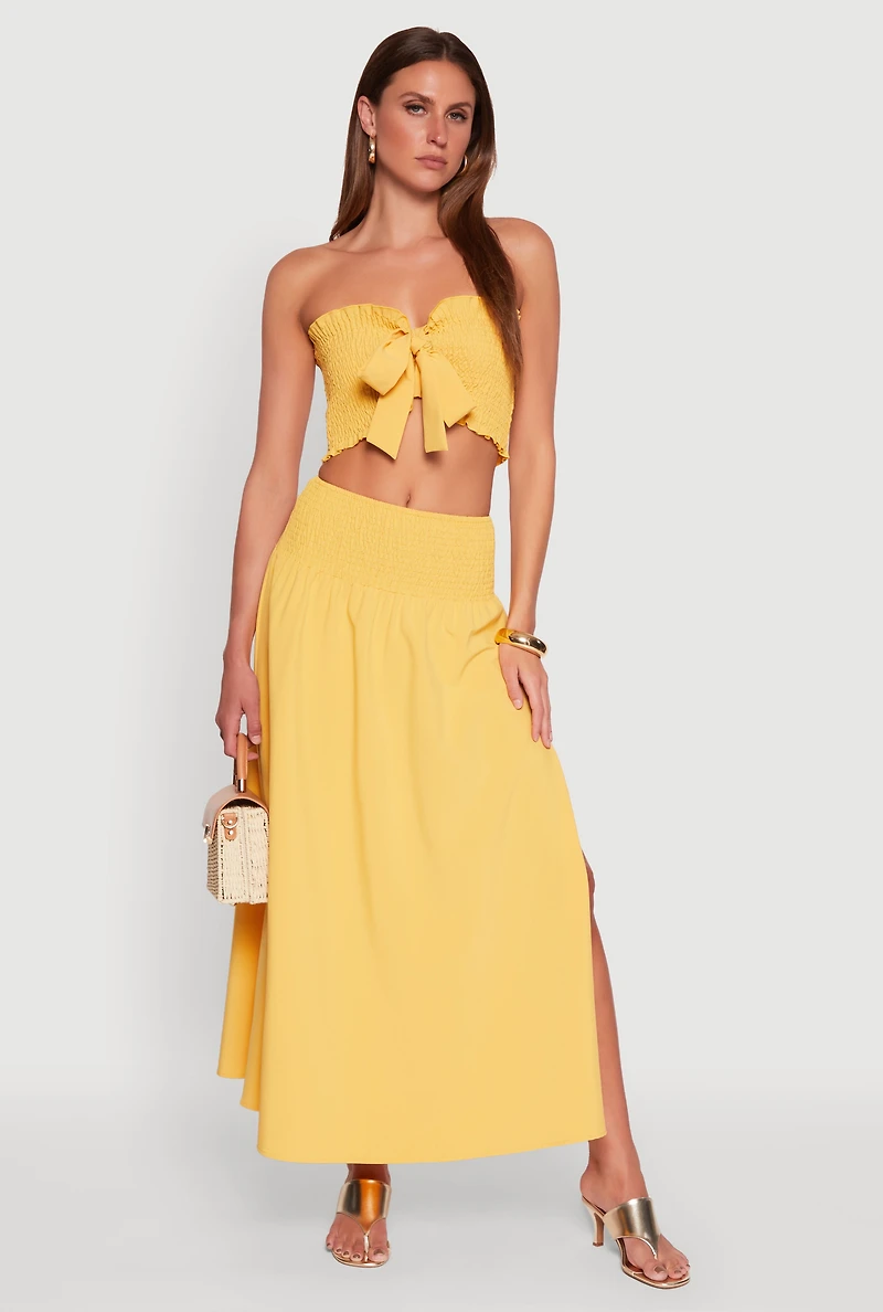 Smocked High Waist Side Slit Skirt