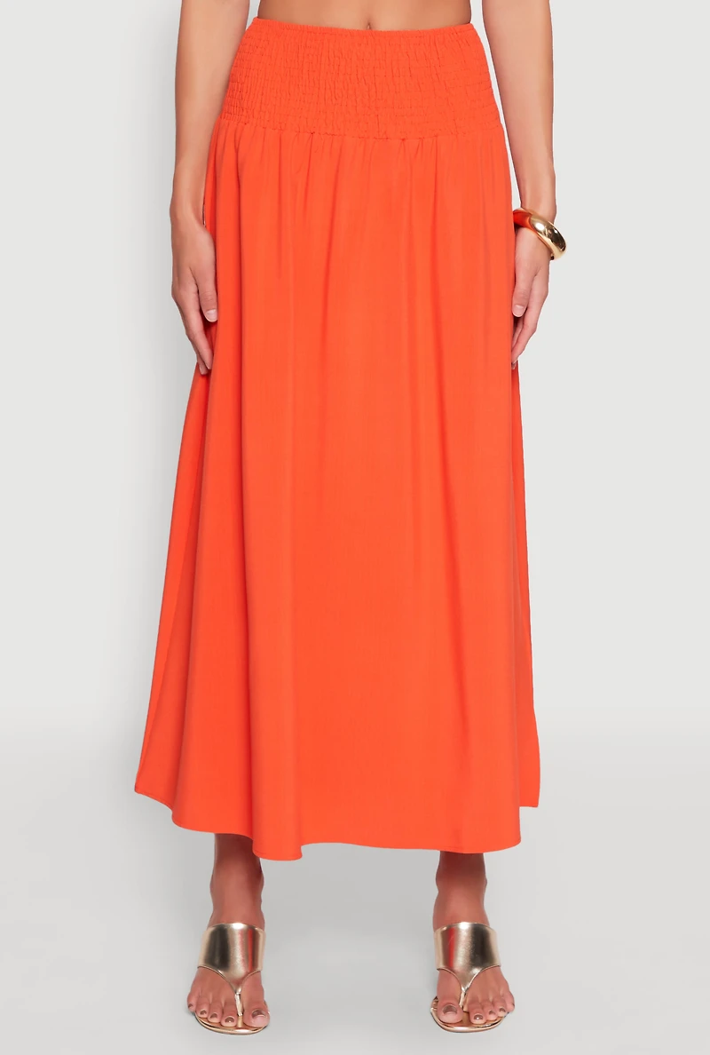 Womens Smocked High Waist Side Slit Skirt,