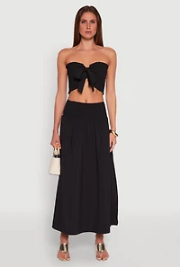Womens Tie Front Smocked Cropped Tube Top, L