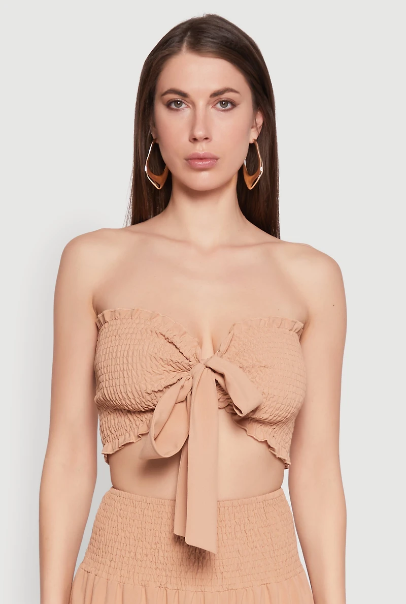 Womens Tie Front Smocked Cropped Tube Top,