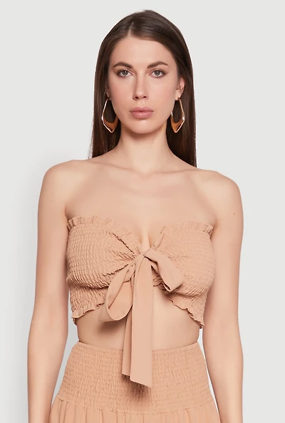 Womens Tie Front Smocked Cropped Tube Top, Beige, Size L