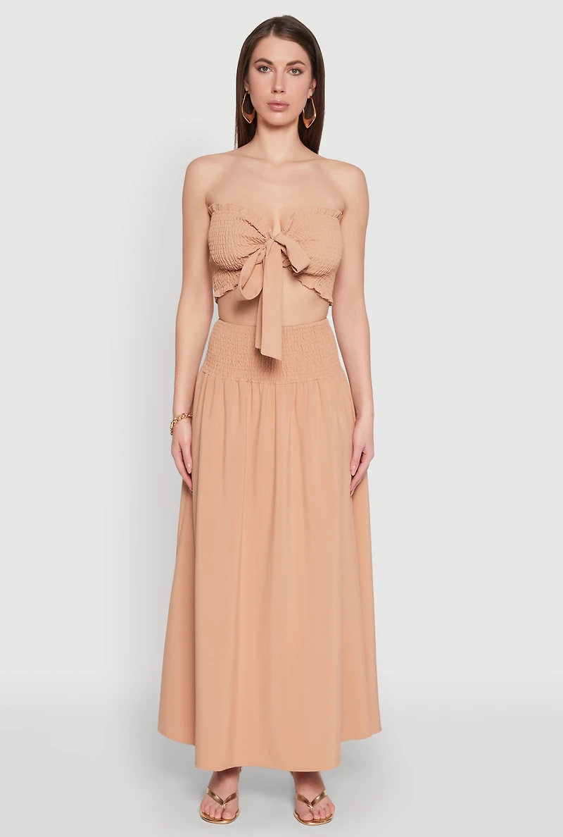 Womens Tie Front Smocked Cropped Tube Top,