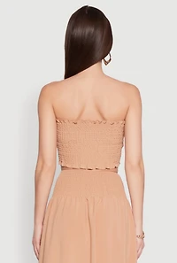 Womens Tie Front Smocked Cropped Tube Top, Beige, Size XL