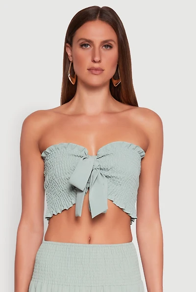 Womens Tie Front Smocked Cropped Tube Top, Green, Size M