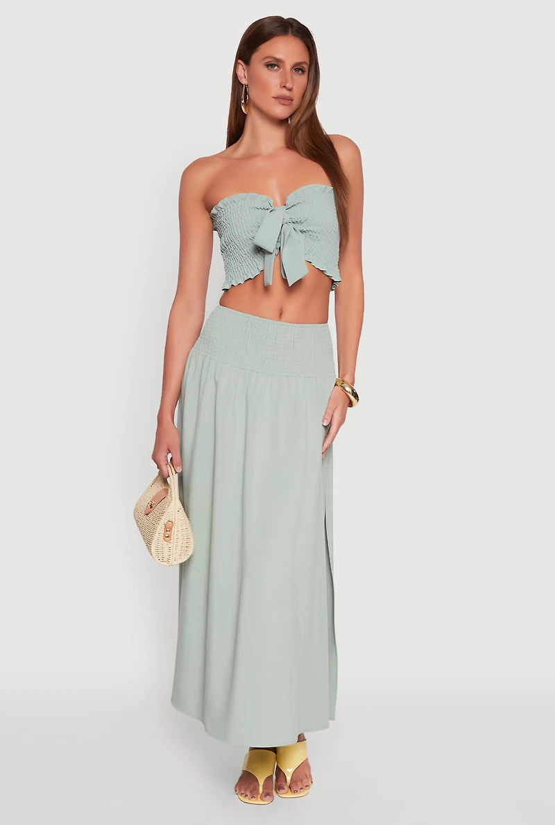 Womens Tie Front Smocked Cropped Tube Top, Green, Size M