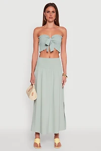 Womens Tie Front Smocked Cropped Tube Top, Green, Size L