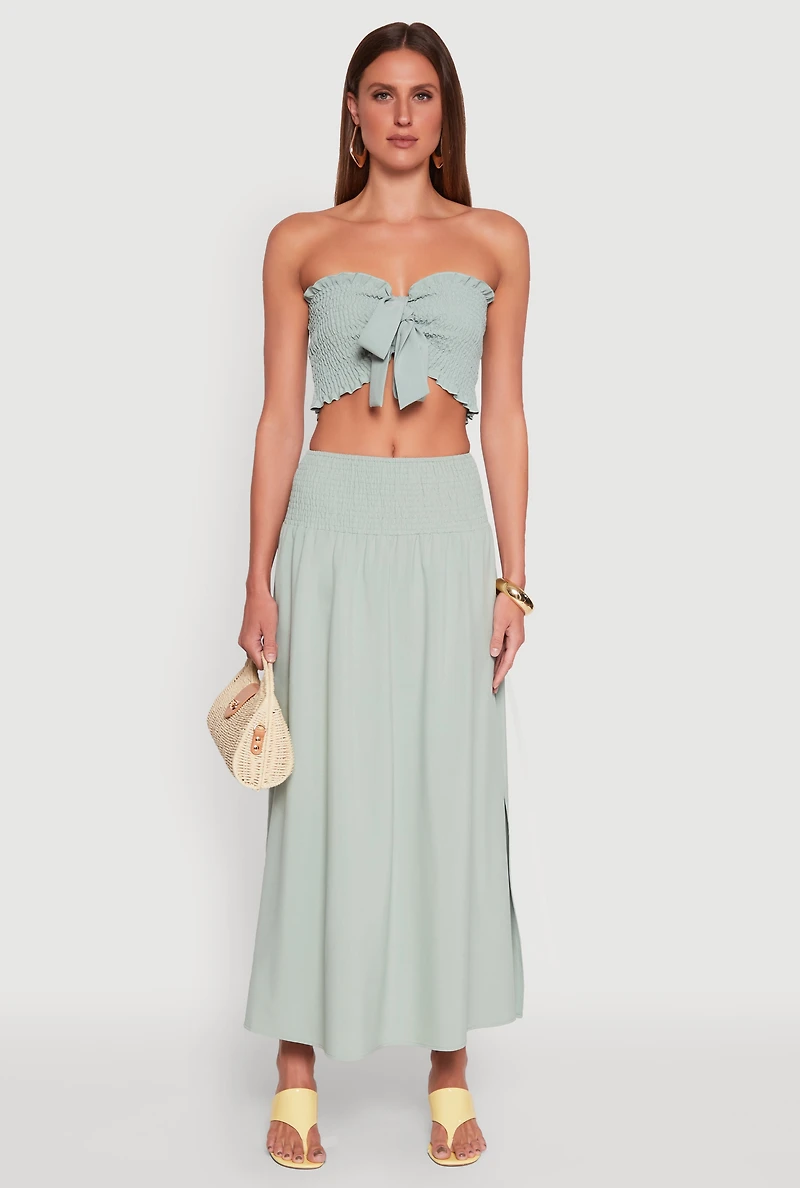 Womens Tie Front Smocked Cropped Tube Top, M
