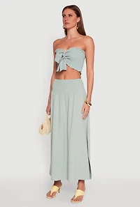 Womens Tie Front Smocked Cropped Tube Top, Green, Size M