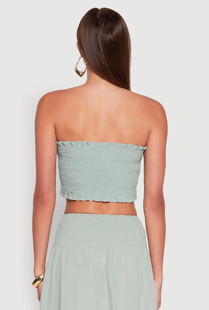 Womens Tie Front Smocked Cropped Tube Top, Green, Size L