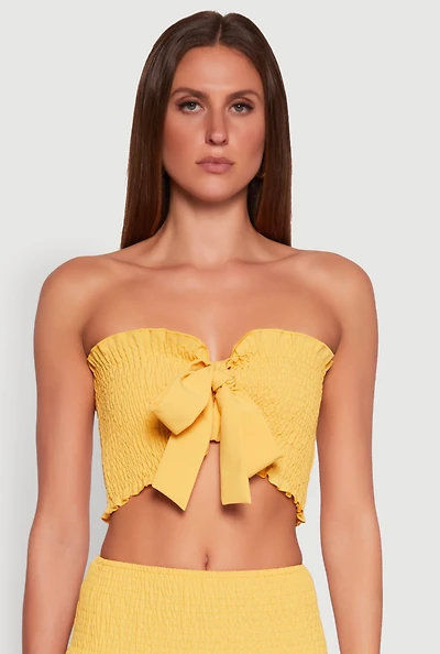 Womens Tie Front Smocked Cropped Tube Top, Yellow, Size M