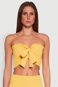 Womens Tie Front Smocked Cropped Tube Top, Yellow, Size M
