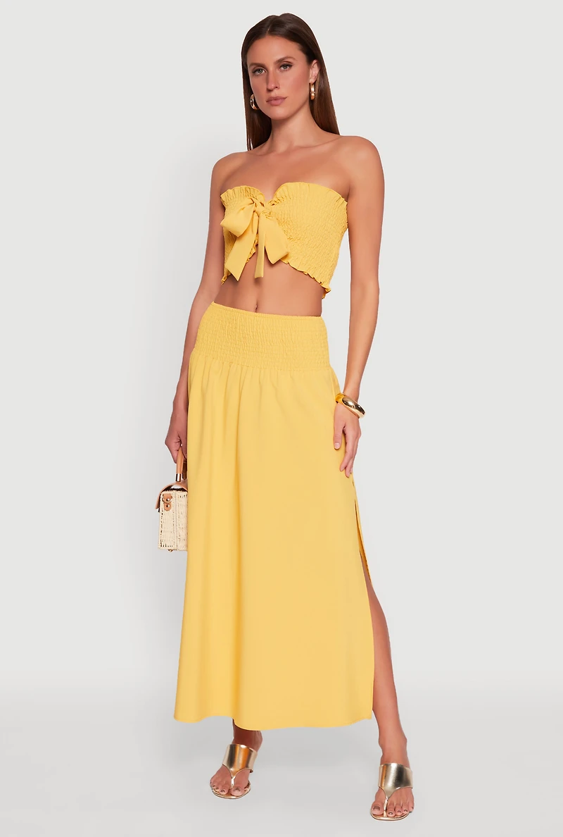 Womens Tie Front Smocked Cropped Tube Top, Yellow, Size M