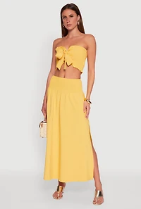 Womens Tie Front Smocked Cropped Tube Top, Yellow, Size M