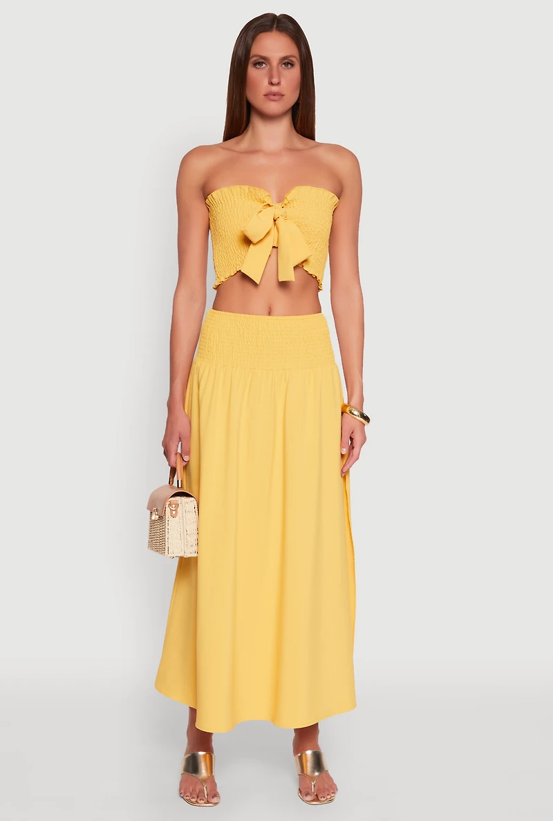 Womens Tie Front Smocked Cropped Tube Top, Yellow, Size M