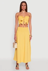 Womens Tie Front Smocked Cropped Tube Top, Yellow, Size M