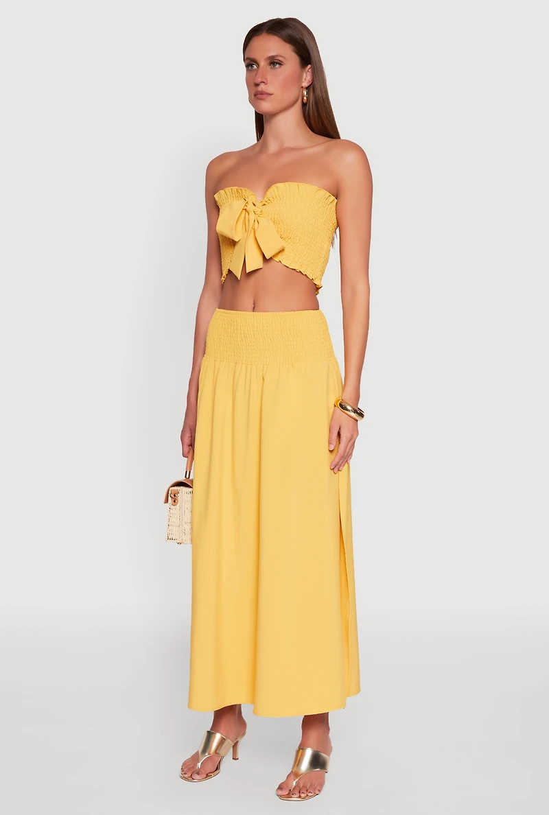 Womens Tie Front Smocked Cropped Tube Top, Yellow, Size M
