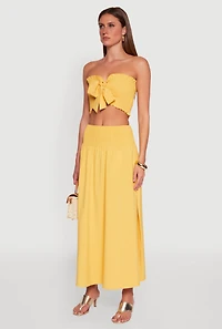 Womens Tie Front Smocked Cropped Tube Top, Yellow, Size M