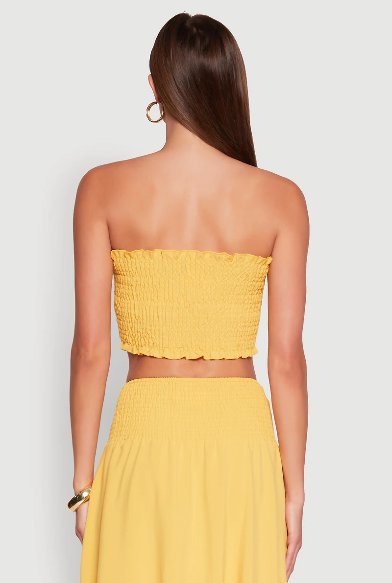 Womens Tie Front Smocked Cropped Tube Top, Yellow, Size M