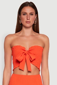 Womens Tie Front Smocked Cropped Tube Top, Orange, Size L