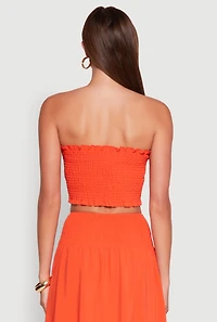 Womens Tie Front Smocked Cropped Tube Top, Orange, Size L