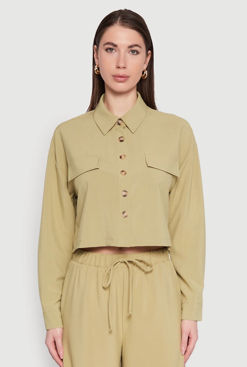 Womens Flap Pocket Cropped Shirt, Green, Size S
