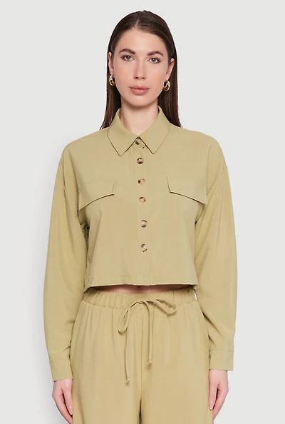 Womens Flap Pocket Cropped Shirt, Green, Size M