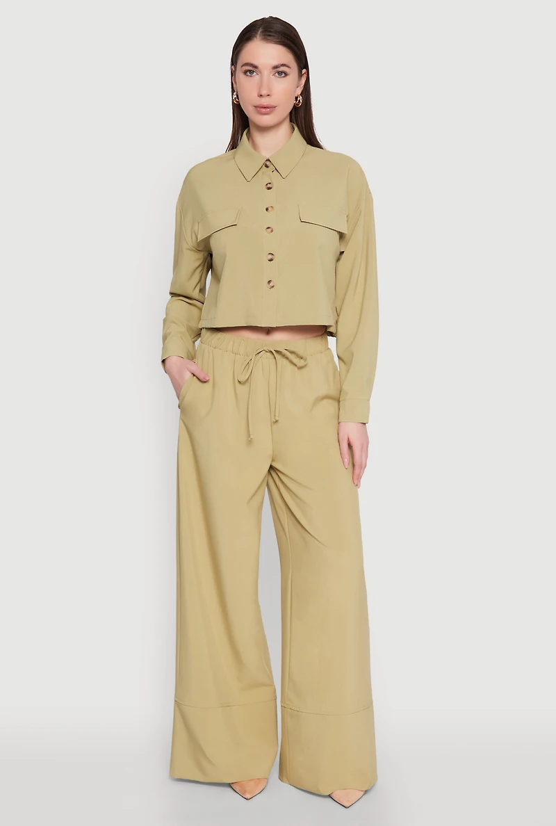 Womens Flap Pocket Cropped Shirt, Green, Size S