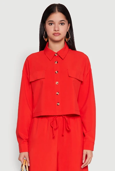 Womens Flap Pocket Cropped Shirt, Orange, Size M