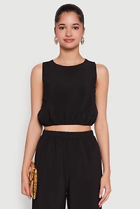 Womens Elastic Waist Cropped Tank Top, Black, Size M