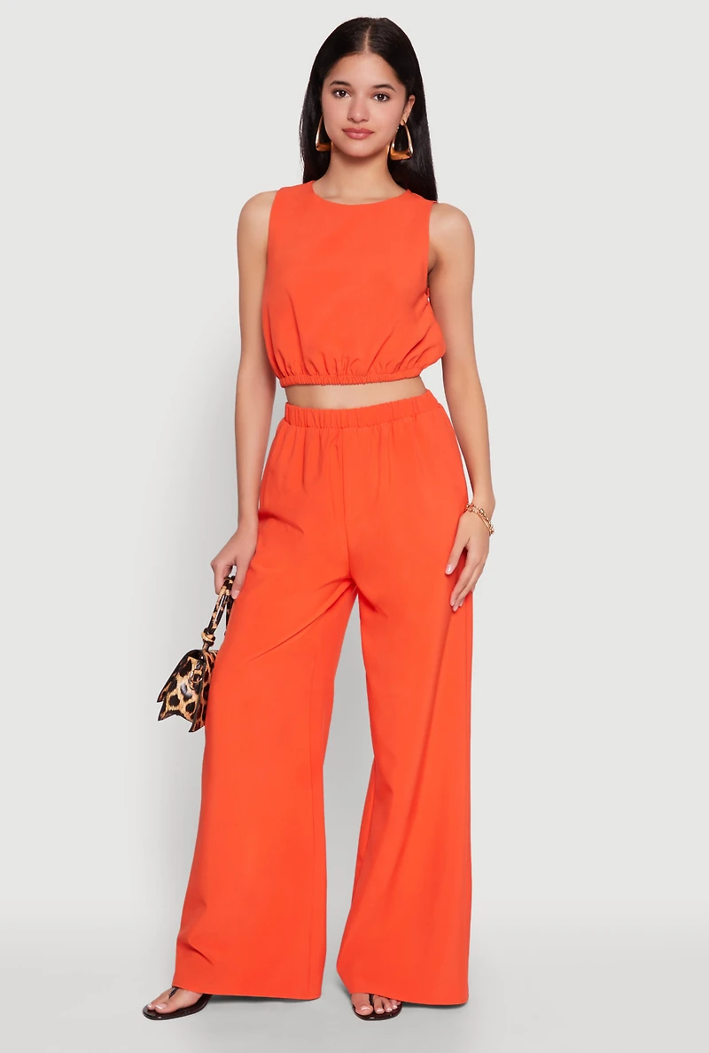 Womens Elastic Waist Cropped Tank Top, Orange, Size S