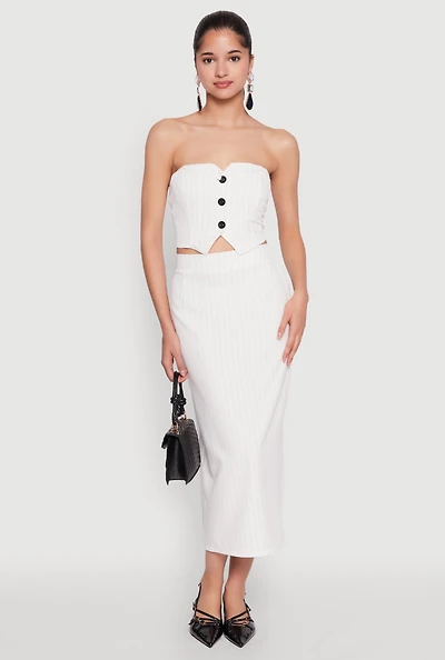 Womens Pinstripe High Waist Skirt, White, Size S