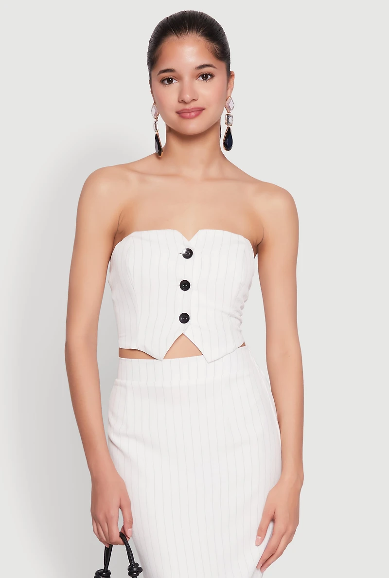 Womens Pinstripe Button Front Strapless Top, White, Size M
