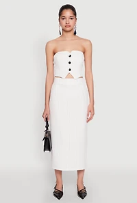 Womens Pinstripe Button Front Strapless Top, White,