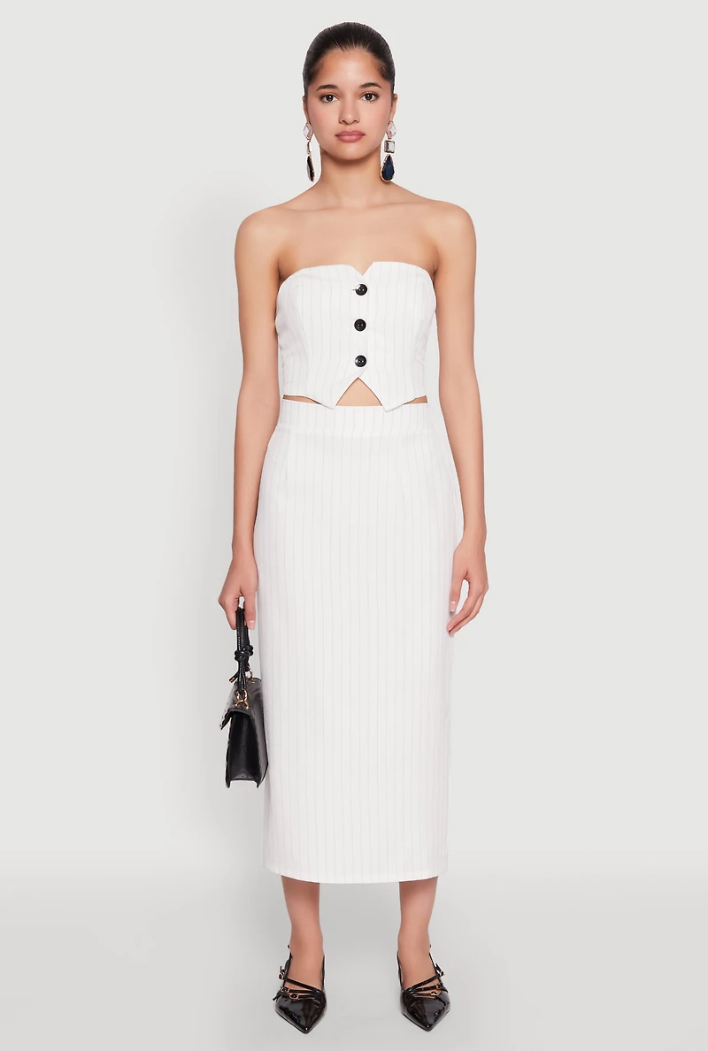 Womens Pinstripe Button Front Strapless Top, White, Size M