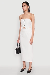 Womens Pinstripe Button Front Strapless Top, White, Size XL