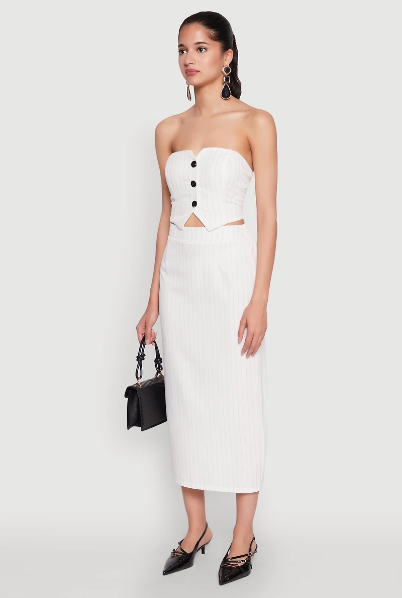 Womens Pinstripe Button Front Strapless Top, White, Size M