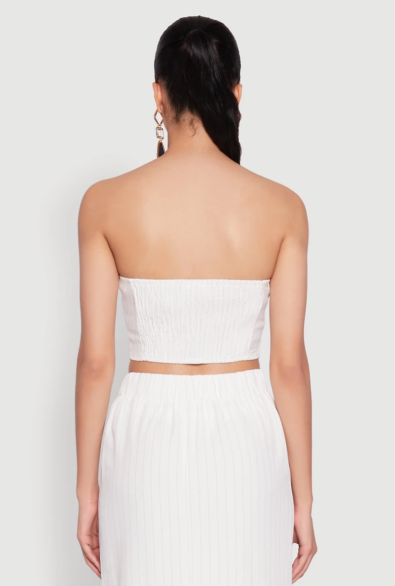 Womens Pinstripe Button Front Strapless Top, White, Size M