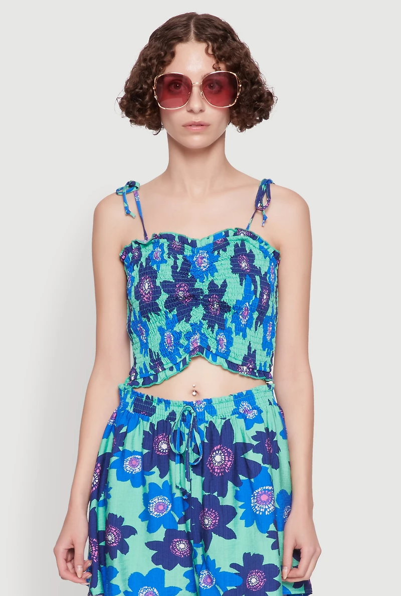 Womens Floral Print Tie Strap Sweetheart Neckline Cami, Blue, Size M
