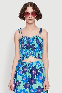 Womens Floral Print Tie Strap Sweetheart Neckline Cami, Blue, Size M