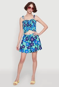 Womens Floral Print Tie Strap Sweetheart Neckline Cami, Blue, Size L