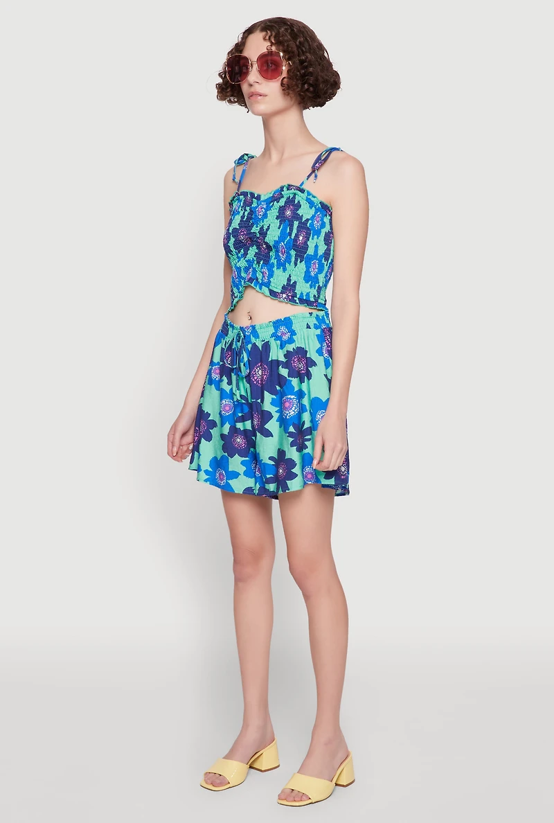 Womens Floral Print Tie Strap Sweetheart Neckline Cami, Blue, Size M