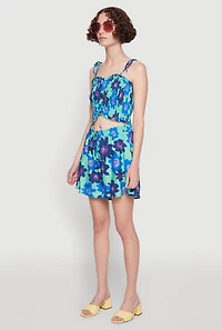 Womens Floral Print Tie Strap Sweetheart Neckline Cami, Blue, Size L