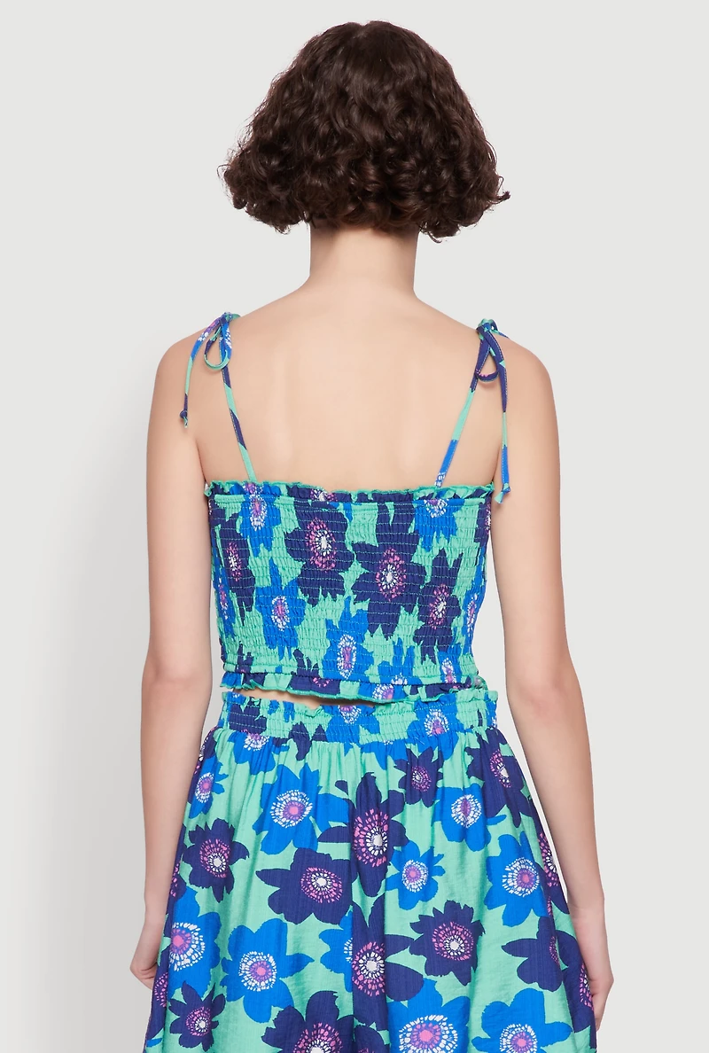 Womens Floral Print Tie Strap Sweetheart Neckline Cami, Blue, Size L