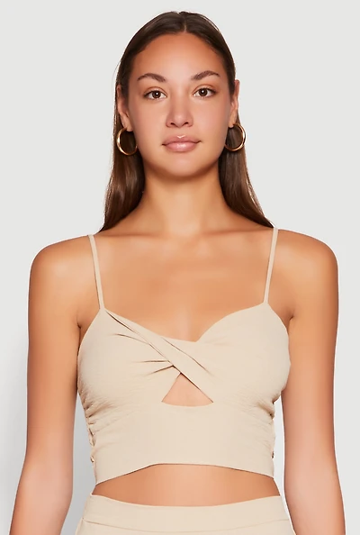 Womens Airy Twist Front Crop Top, Beige, Size L