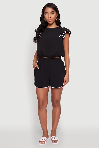 Womens Trendy Crepe Knit High Waisted Shorts with Scalloped Contrast Trim,