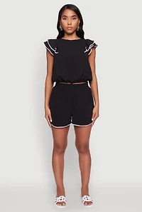 Womens Trendy Crepe Knit High Waisted Shorts with Scalloped Contrast Trim,
