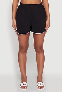Womens Trendy Crepe Knit High Waisted Shorts with Scalloped Contrast Trim, Black, Size M