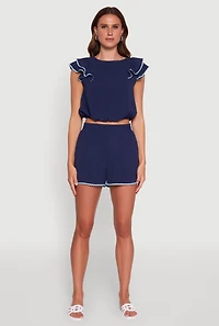 Womens Trendy Crepe Knit High Waisted Shorts with Scalloped Contrast Trim, Blue,