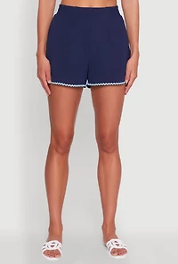 Womens Trendy Crepe Knit High Waisted Shorts with Scalloped Contrast Trim, Blue,